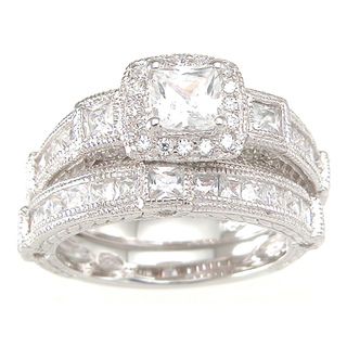 Sterling Silver Princess Cubic Zirconia Antique Bridal style Ring Set