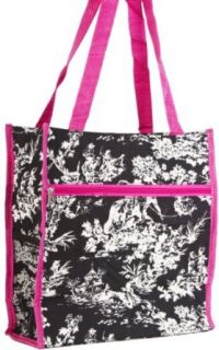 Pink Trim Black Toile Travel Tote Bag with Coin Purse