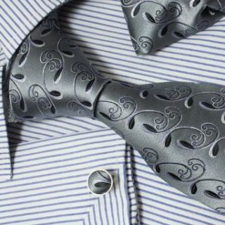 Black Grey Paisleys Pattern Jacquard Woven Silk Tie Hanky