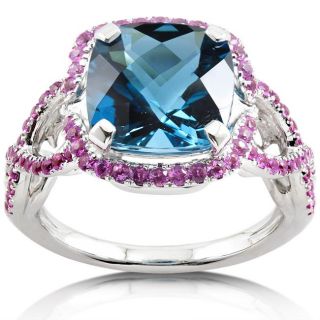 18k White Gold London Blue Topaz and Pink Sapphire Ring