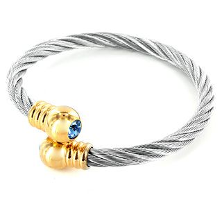 Goldplated Stainless Steel Blue Crystal Cable Cuff Bracelet