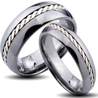 Tungsten Carbide Silver Rope Inlay His and Her Wedding Band Set