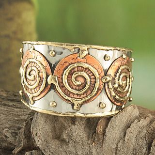 Handcrafted Hammered Brass and Copper Three Swirls Cuff Bracelet