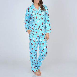 La Cera Womens Turquoise Snowman Print Flannel Pajama Set