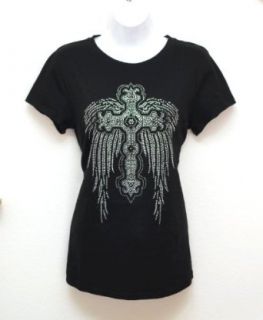 Cross Black Angel Wings Rhinestones Black T Shirts