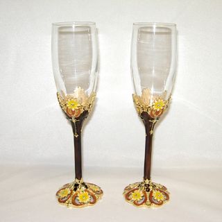Threestar Brown/ Yellow Floral Pattern Italian Champagne Flutes (Set
