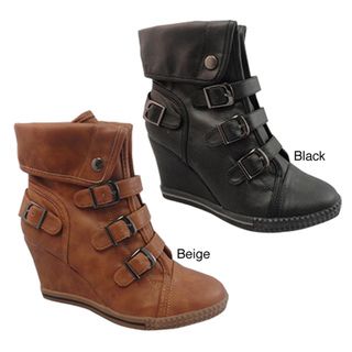 Bucco Womens 3 Buckle Faux Leather Wedge Ankle Boots