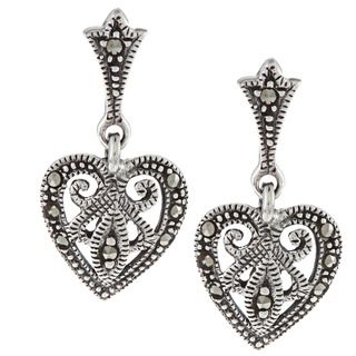 Sterling Silver Marcasite Heart Drop Dangle Earrings