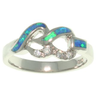 CGC Sterling Silver Cubic Zirconia and Created Opal Linked Hearts Ring