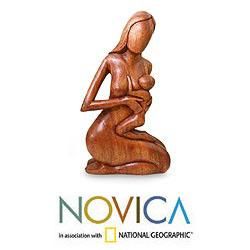 Handcrafted Suar Wood Mother and Her Child Sculpture (Indonesia