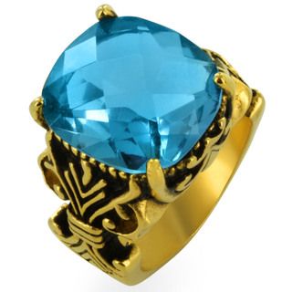 Gold plated Stainless Steel Multi faceted Aqua Gem Fleur De Lis Ring