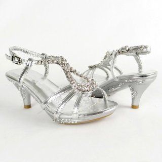 Girls Dressy Flower T Strap Rhinestone High Heel Sandals Silver 9 4
