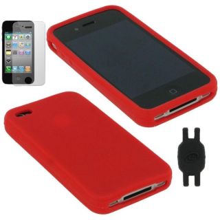 iPhone 4 Red 3 in 1 Silicone Skin Case Bundle