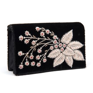 Black Silk Velvet Evening Bag with Embroidered Flower (India