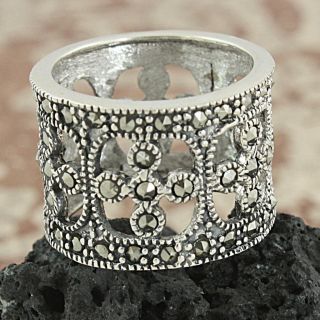 Sterling Silver Marcasite Open Filigree Wide band Ring (Thailand