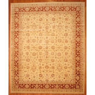 Afghani Hand knotted Oushak Vegetable Dye Ivory/ Red Wool Rug (12 x