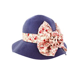 Faddism Womens Dark Blue Straw Rosette Sun Hat