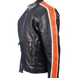 Leather Mens Orange/ Cream Arm Stripes Motorcycle Jacket