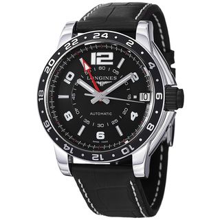 Longines Mens Admiral Black GMT Dial Black Leather Strap Watch