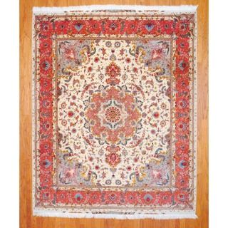 Persian Hand knotted Fine Tabriz Ivory/ Peach Wool/ Silk Rug (84 x 10