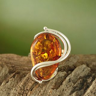 Sterling Silver Freeform Honey Baltic Amber Adjustable Ring (Lithuania