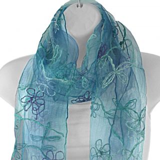 Hand spun Silk Embroidered Small Daisy Blue Scarf (India)