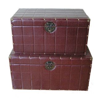 Classic Brown Faux Leather Wooden Steamer Trunks (Set of 2