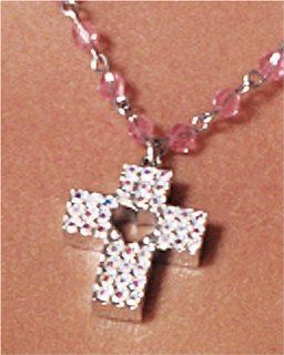 Sterling Silver Rosary Bead Necklace w/ Crystal Cross, 18