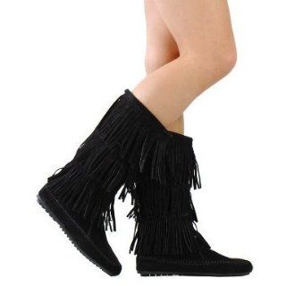 Womens Black Faux Suede Moccasin Fringe Mid Calf Boots