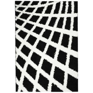 Shag Contemporary Boxes Black and White Area Rug (67 x 93