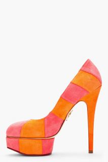 Charlotte Olympia Orange & Pink Striped Suede Priscilla Pumps for women