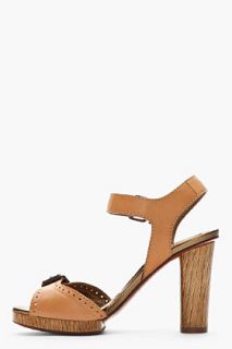 Lanvin Tan Leather And Wood Grain Sandal Heels for women