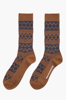 White Mountaineering Brown Mid Rise Diamond Pattern Knit Socks for men