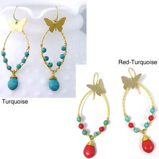 Brass Charming Butterfly Turquoise Drop Earrings (Thailand