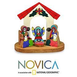 Handcrafted Pinewood Rejoice Nativity Scene (El Salvador