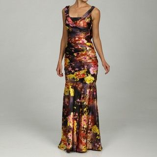 JS Collections Print Charmuse Shirred Cowl Black Gown