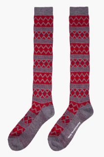 White Mountaineering Red Tall Diamond Pattern Ribbed Socks for men