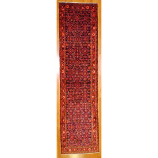 Persian Hand knotted Navy/ Red Hamadan Wool Rug (34 x 135