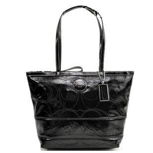  Coach Signature Op Art Patent Leather Book Tote 15142 Black Shoes