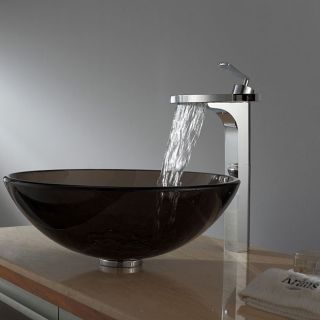 Kraus Clear Brown Glass Vessel Sink and Fantasia Faucet Chrome