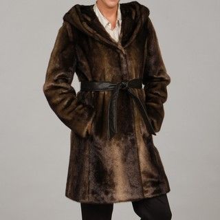 Ellen Tracy Womens Faux mink Belted Hooded Coat FINAL SALE
