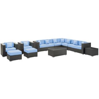 Cohesion Outdoor Rattan 11 piece Set in Espresso with Light Blue