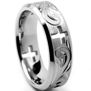 Titanium Mens Cross Cut out and Engraved Floral Design Ring (7 mm
