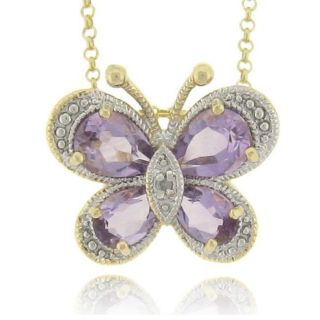 18k Gold over Silver Amethyst and Diamond Accent Butterfly Necklace
