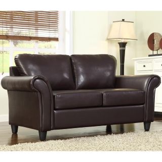 ETHAN HOME Petrie Dark Brown Faux Leather Rolled Arm Loveseat