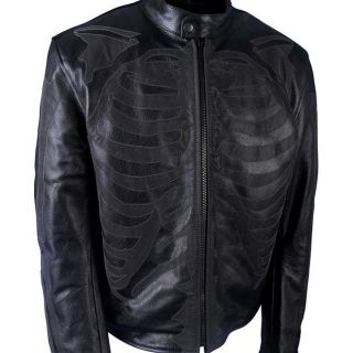 Leather Mens Reflective Skeleton Inlay Motorcycle Jacket