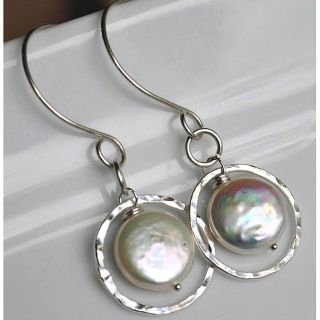 Silver and White Pearl Circle Dangle Earrings Today $35.99