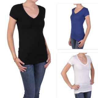 Journee Collection Juniors Stretchy Cap Sleeve V neck Tee