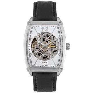 Stauer Mens E248S Automatic Skeleton Black Leather Watch Watches
