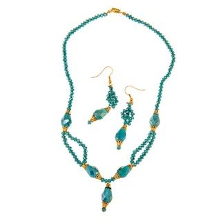 Goldtone Green Crystal Necklace and Earring Set (Pakistan)